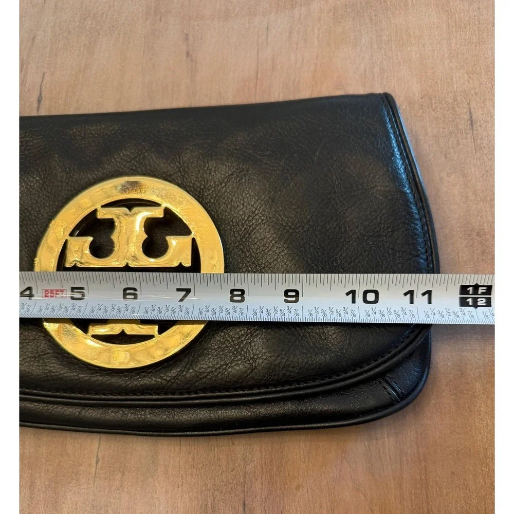 Tory Burch Logo Clutch Bag Womens Medium Black Leather Party Cocktail Evening